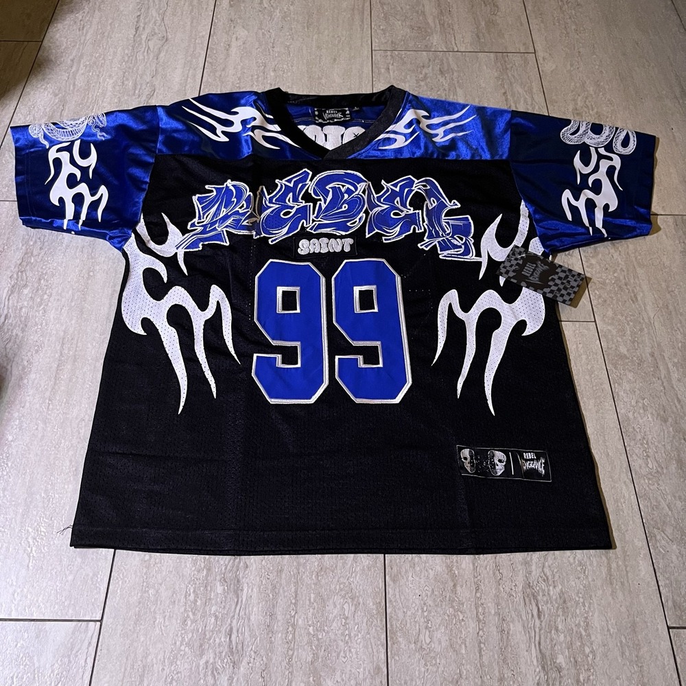 Rebel Vengeance Shirt Mens Large Black Blue 99 Flame Mesh Jersey Graphic Gothic